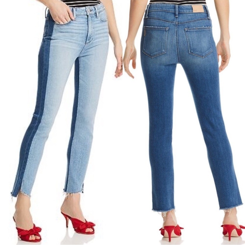 PAIGE Hoxton Slim Two Tone Lizzie Slanted‎ Fray Hem Straight Jeans Distressed 29